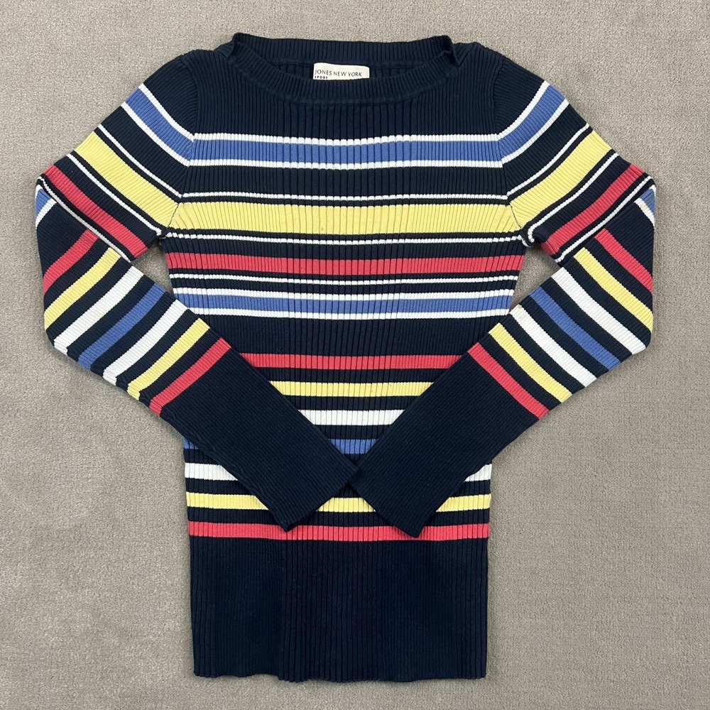 Jones New York Sport Sweater Womens Small Navy Multi Color Striped Ribbed Cotton